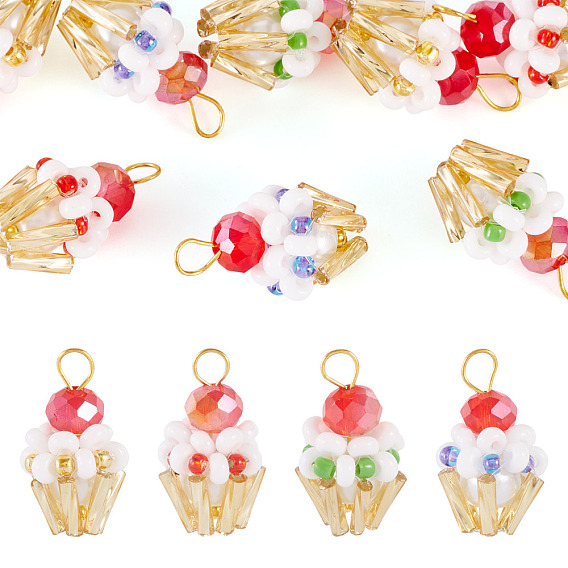 8шт. 4 цвета, подвески в виде кексов из стеклянного бисера, с золотыми латунными штифтами с шарообразными головками, круглой бусиной из стеклянного жемчуга и стеклянными бусинами