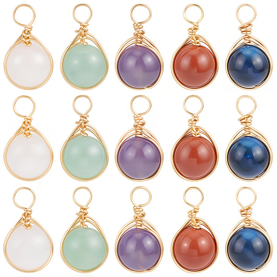 20 шт. 5 стили подвески из натурального зеленого авантюрина, розового кварца, окрашенного синего тигрового глаза, красной яшмы и аметиста, круглые подвески с медной проволокой, золотые