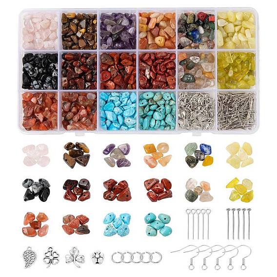 DIY Mixed Stone Chip Beads Jewelry Set Making Kit, Including Natural & Synthetic Mixed Stone Chip Beads, Alloy Pendant & Bead, Brass Earring Hook & Jump Ring, Copper Wire, Iron Pin, Crystal Thread