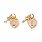 Natural Shell Heart Charms with Key, with Brass Clear Cubic Zirconia Findings