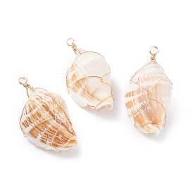Natural Conch Shell Big Pendants, with Real 18K Gold Plated Eco-Friendly Copper Wire