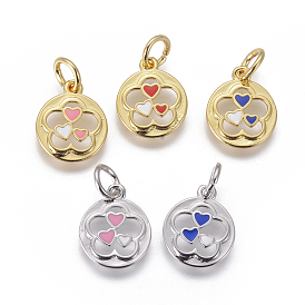 Enamel Charms, with Brass Findings and Jump Rings, Flat Round with Flower and Heart