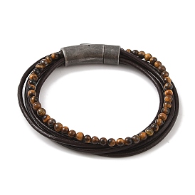 Braided Microfiber Leather Multi-strand Bracelets, 304 Stainless Steel & Natural Tiger Eye Round Beaded Bracelets for Men