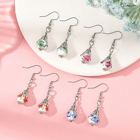 304 boucles d'oreilles dangle acier inoxydable, larme avec motif de fleurs, Boucles d'oreilles pendantes en porcelaine imprimée et laiton, or