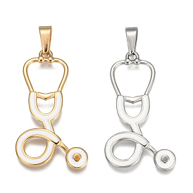 304 Stainless Steel Pendant Rhinestone Settings, with Enamel, Echometer Shape, 
White
