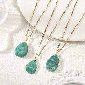 Colgante de amazonita natural en forma de lágrima 304 Collares con cadena de cable de acero inoxidable
