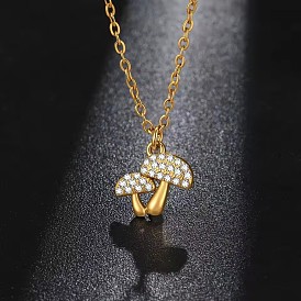 Autumn 304 Stainless Steel Crystal Rhinestone Double Mushrooms Pendant Necklaces