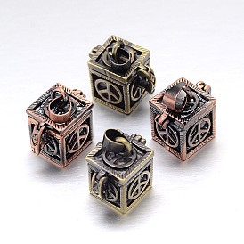 Cube with Peace Sign Pattern Rack Plating Brass Prayer Box Pendants, Wish Box, Nickel Free, 18x12x17mm, Hole: 5x3mm