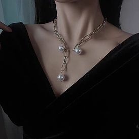 Модные железные цепочки-скрепки ожерелья, Пластиковые искусственные жемчужины лариаты ожерелья для женщин