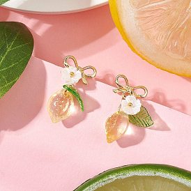 Серьги-гвоздики из сплава, прозрачного стекла и лэмпворка, с подвесками из смоляных цветов, лимон, золотой свет