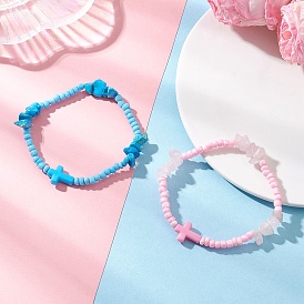 2шт. браслеты из бусин с натуральным розовым кварцем и синтетической бирюзой для женщин, с непрозрачным акриловым крестиком и стеклянными бусинами