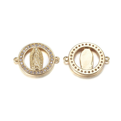 Brass Micro Pave Cubic Zirconia Links, Cadmium Free & Lead Free, Flat Round with Virgin Mary