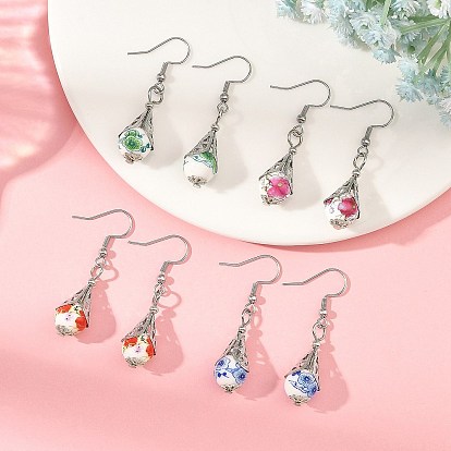 304 boucles d'oreilles dangle acier inoxydable, larme avec motif de fleurs, Boucles d'oreilles pendantes en porcelaine imprimée et laiton, or