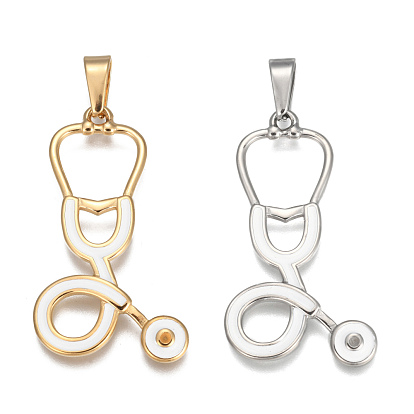 304 Stainless Steel Pendant Rhinestone Settings, with Enamel, Echometer Shape, 
White