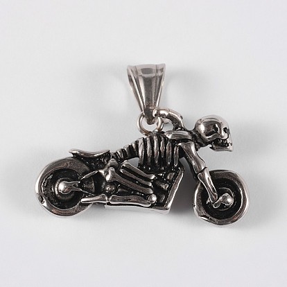 316 Surgical Stainless Steel Pendants, Motorbike with Skull, 19x35x8mm, Hole: 8x5mm