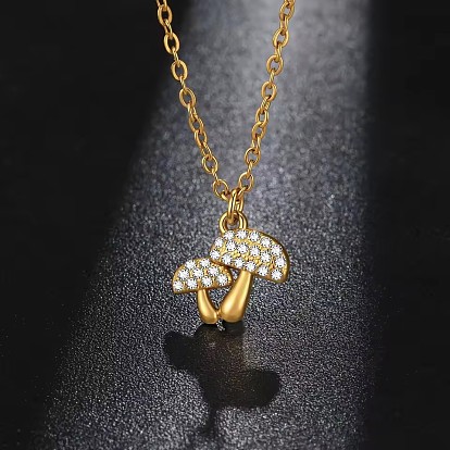 Autumn 304 Stainless Steel Crystal Rhinestone Double Mushrooms Pendant Necklaces