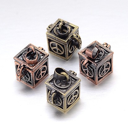 Cube with Peace Sign Pattern Rack Plating Brass Prayer Box Pendants, Wish Box, Nickel Free, 18x12x17mm, Hole: 5x3mm
