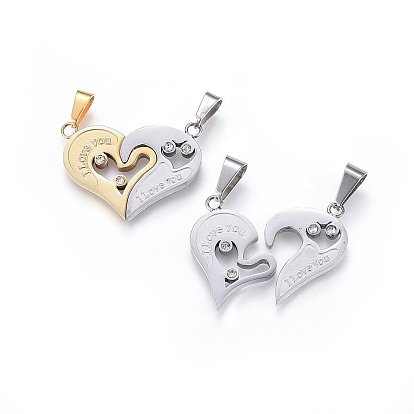 304 Stainless Steel Split Pendants, with Rhinestone, Heart with Word I Love You, For Valentine's Day