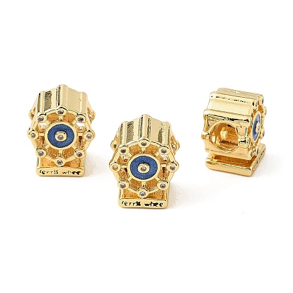 Brass Micro Pave Clear Cubic Zirconia European Beads, with Blue Enamel, Ferris Wheel, Large Hole Beads, Rack Plating, Long-Lasting Plated, Lead Free & Cadmium Free