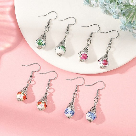 304 boucles d'oreilles dangle acier inoxydable, larme avec motif de fleurs, Boucles d'oreilles pendantes en porcelaine imprimée et laiton, or