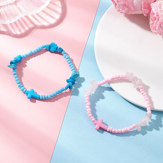 2шт. браслеты из бусин с натуральным розовым кварцем и синтетической бирюзой для женщин, с непрозрачным акриловым крестиком и стеклянными бусинами