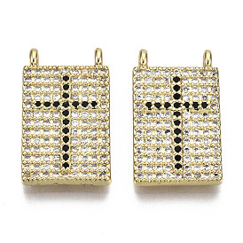 Brass Micro Pave Cubic Zirconia Pendants, Nickel Free, Rectangle with Cross, Real 16K Gold Plated