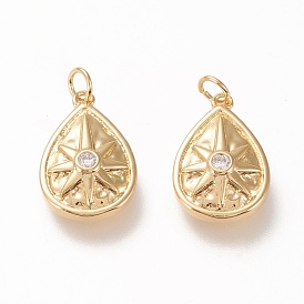 Brass Pendants, with Clear Cubic Zirconia and Jump Rings, Long-Lasting Plated, Teardrop with Star