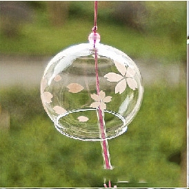 Japanese Style Glass Wind Chimes, Paper Pendant Decorations, Round with Sakura/Snowflake/Dandelion Pattern
