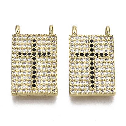 Brass Micro Pave Cubic Zirconia Pendants, Nickel Free, Rectangle with Cross, Real 16K Gold Plated