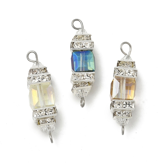 3 шт. 3 цвета гальванизированный стеклянный куб и латунные подвески-соединители со стразами, с 304 двойными петлями из нержавеющей стали, цвет нержавеющей стали