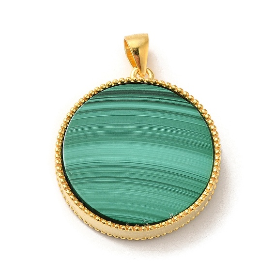 Rack Plating 925 Sterling Silver Pave Natural Malachite Pendants, Long-Lasting Plated, Flat Round Charms