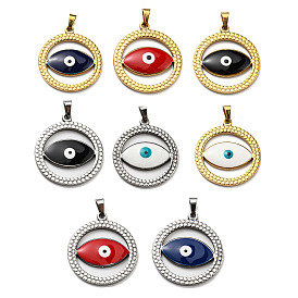 Ion Plating(IP) 304 Stainless Steel Pendants, with Enamel, Flat Round with Evil Eye Charm