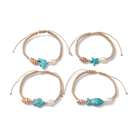 Natural Shell & Pearl & Synthetic Turquoise Braided Bead Bracelets