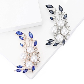 Alloy and Glass Rhinestone Crescent Flower Brooch, with Imitation Pearl