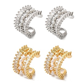 Brass Micro Pave Clear Cubic Zirconia Cuff Earrings, Plastic Pearl Beads, for Women, Ring