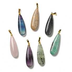 Natural Gemstone Pendants, Teardrop Charms with Rack Plating Brass Snap on Bails