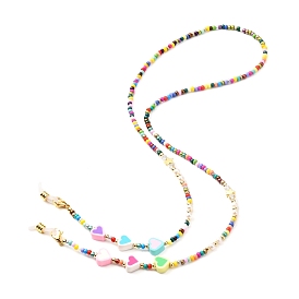 Glass Seed Beads Eyeglasses Chains, with Heart Polymer Clay Beads, Neck Strap for Eyeglasses, with Rubber Loop Ends