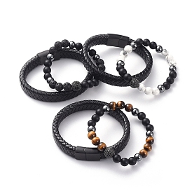 Unisex Stackable Bracelets Sets, Natural Gemstone Beads, Brass Cubic Zirconia Beads, Non-Magnetic Synthetic Hematite Beads, Leather Cord, 304 Stainless Steel Magnetic Clasps and Cardboard Box