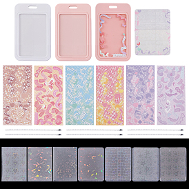 14шт. 6 варианты пластиковых держателей для удостоверений личности, держатель для фотокарты, с выдвижным задним футляром, прямоугольные, В комплекте: 6железная цепочка с шариками и бумажная наклейка, 30шт. прозрачные пластиковые упаковочные пакеты для лазерной резки