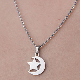 201 Stainless Steel Moon with Star Pendant Necklace