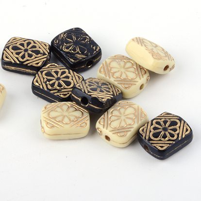 Rectangle with Flower Plating Acrylic Beads, Golden Metal Enlaced, 12x10x5mm, Hole: 1.5mm, about 1016pcs/500g