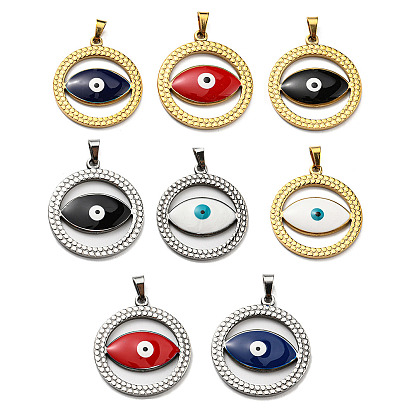 Ion Plating(IP) 304 Stainless Steel Pendants, with Enamel, Flat Round with Evil Eye Charm
