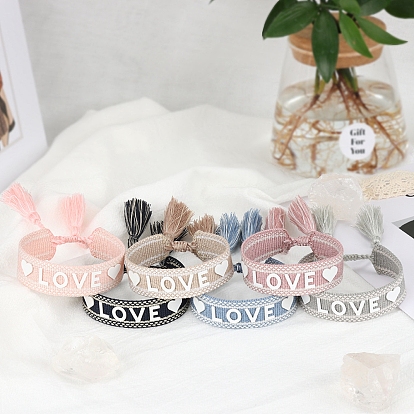 Silicone Word Love Pattern Braided Cord Bracelet with Polyester Tassels, Flat Adjustable Bracelet for Women