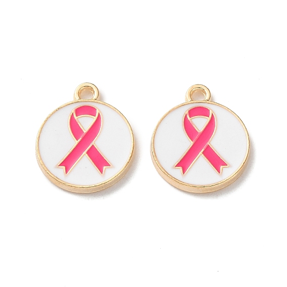 Подвески из эмали и сплава, плоский круг с розовой информационной лентой, золотые