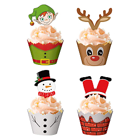 Ensemble d'emballages de cupcakes en papier de noël et de décorations de gâteaux, bonhomme de neige & père noël & renne & fée cupcake décorations de fête