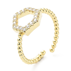 Rack Plating Brass Micro Pave Cubic Zirconia Open Cuff Rings, Hollow Hexagon, Long-Lasting Plated