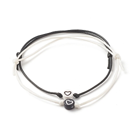 2Pcs 2 Color Flat Round with Heart Beaded Cord Bracelets Set, Adjustable Friendship Bracelet for Women