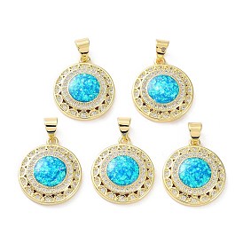 Rack Plating Brass Micro Pave Cubic Zirconia Pendants, Synthetic Opal Flat Round Charms with Snap on Bail, Cadmium Free & Lead Free, Long-Lasting Plated, Real 18K Gold Plated