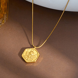 304 Stainless Steel Angel Coin Pendant Necklaces for Women, Real 18K Gold Plated