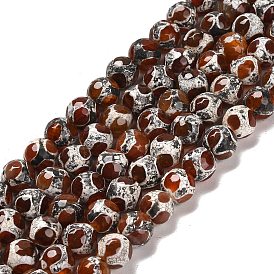 Natural Tibetan Turtle Back Pattern dZi Agate Beads Strands, Faceted Round, Dyed & Heated